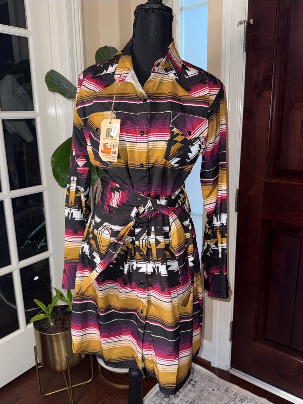 Winster Long Sleeve Belted, Western Serape Shirt Dress NWT Size M
